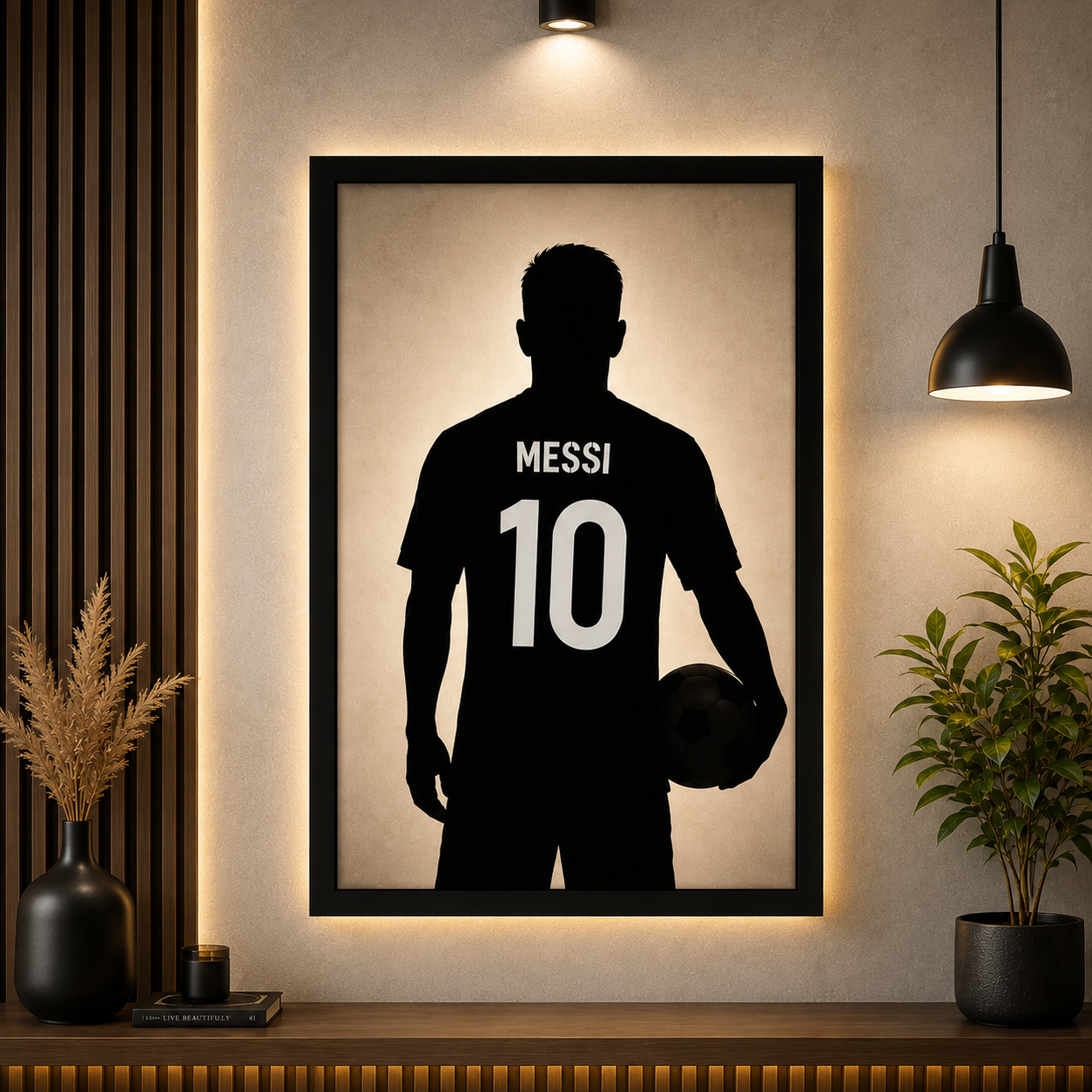 Lionel Messi Standing with Football LED Backlit Wall Art
