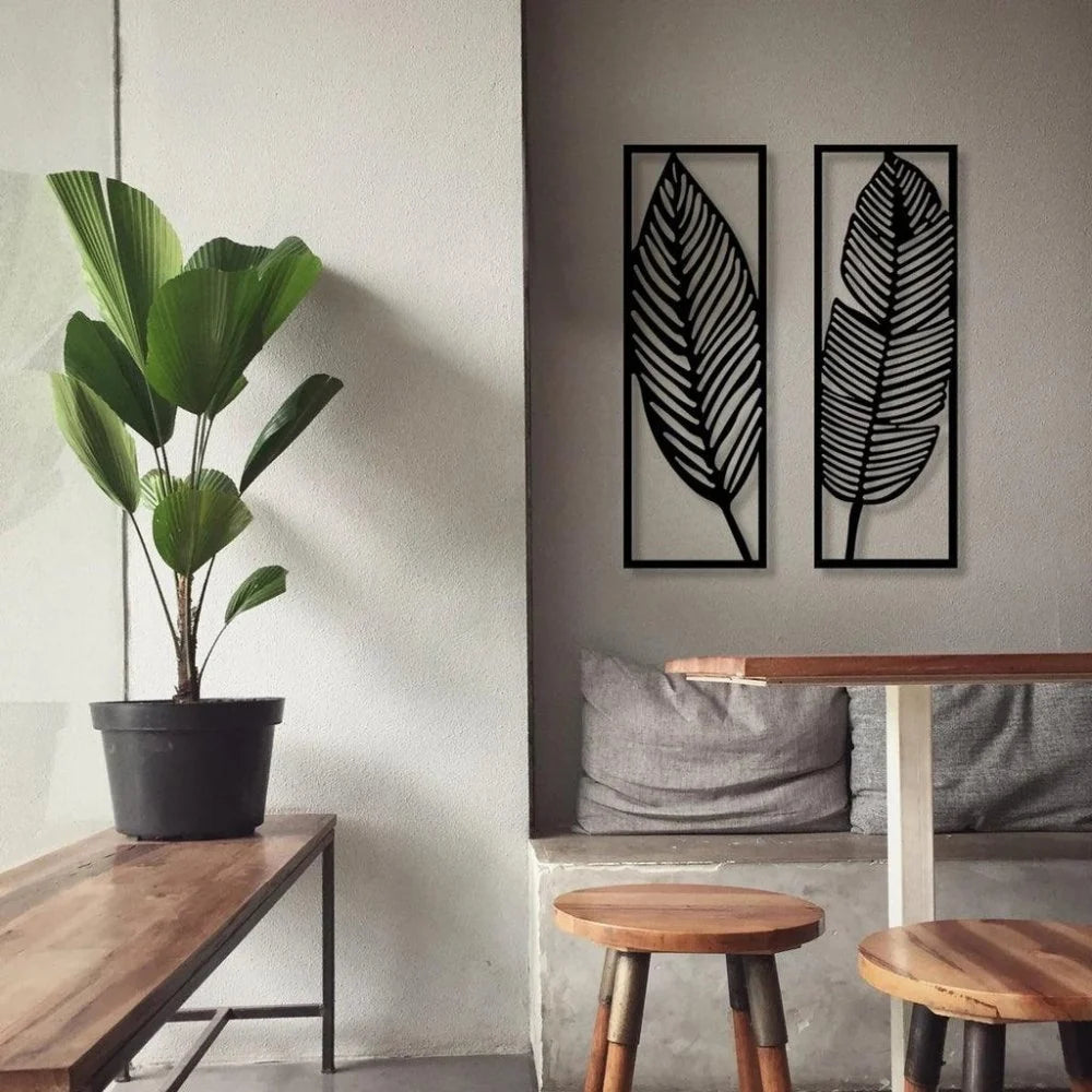 Modern Black Metal Leaf Wall Art Set of 2 – Botanical Home Decor for Living Room & Bedroom